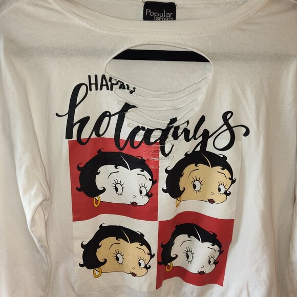 Popular Sports Betty Boop Graphic Long Sleeve Distressed Cropped T-Shirt Size L - Picture 7 of 10
